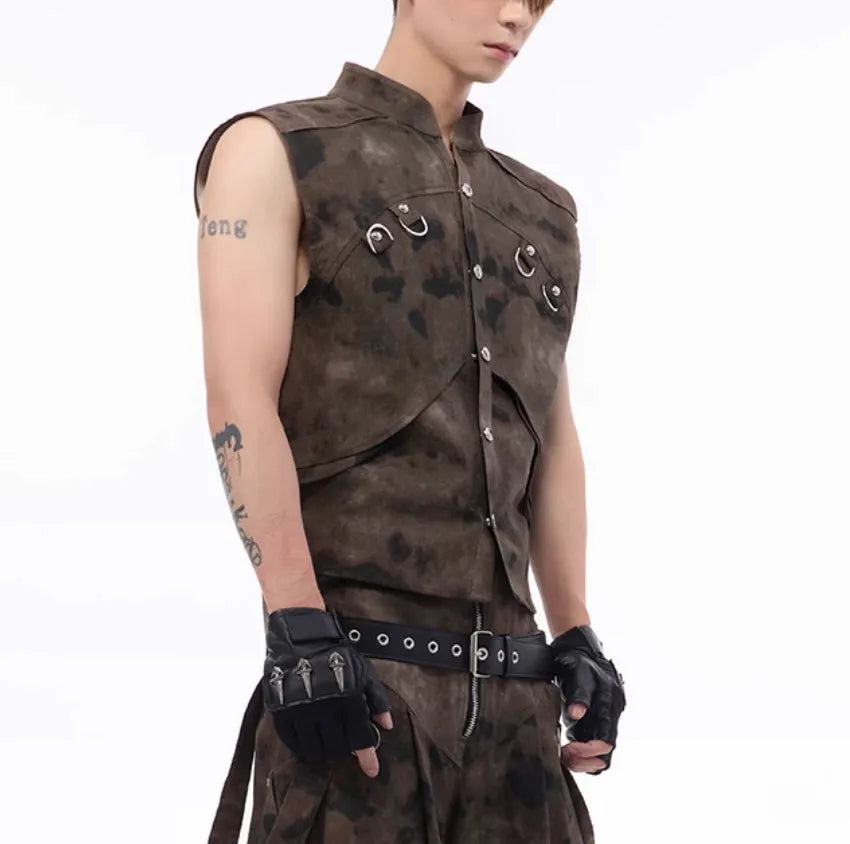American retro camouflage denim vest and pants set with semi-high collar