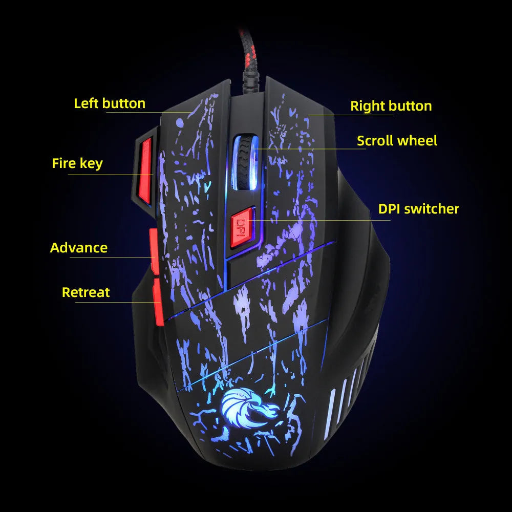 Water crack colourful luminous gaming mouse with USB cable on desktop surface