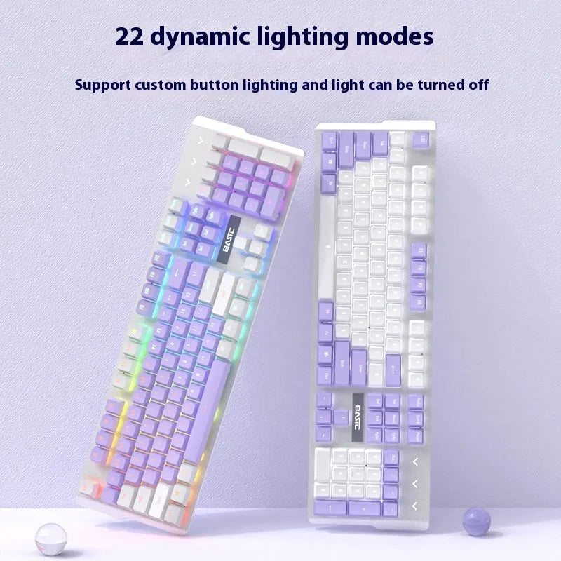 Purple and white mechanical keyboard and mouse wired set with RGB backlight illumination