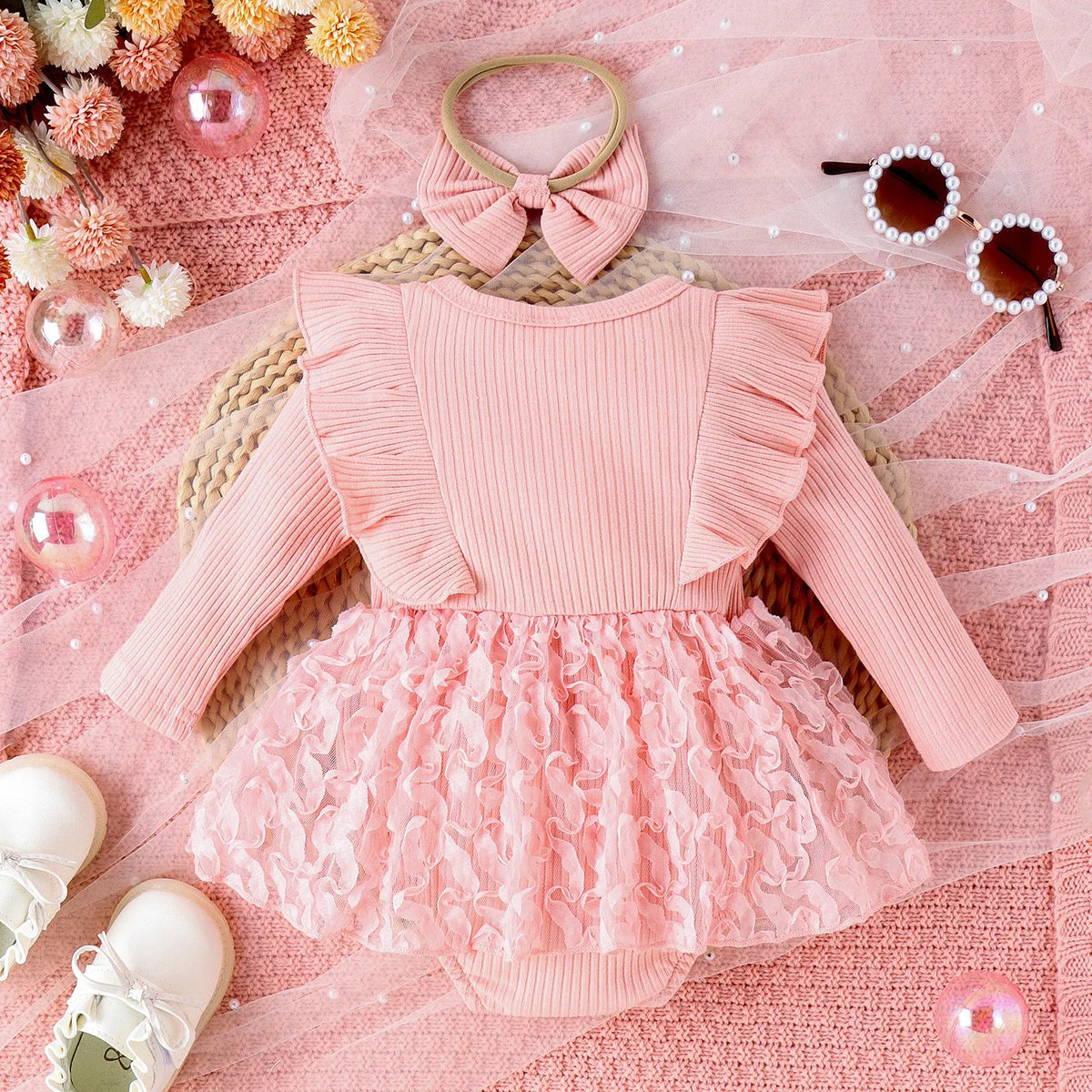 Girls pink cotton flower romper and matching headdress two-piece set for 0-3M to 12-18M