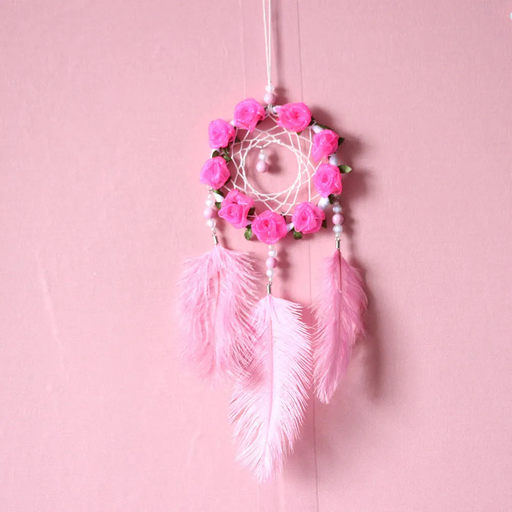 Pink ostrich feather dreamcatcher wind chimes wall decoration measuring 10cm