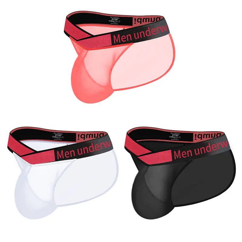 Men's nylon briefs with V gradient cut in red, black, or white colours showing low waist design
