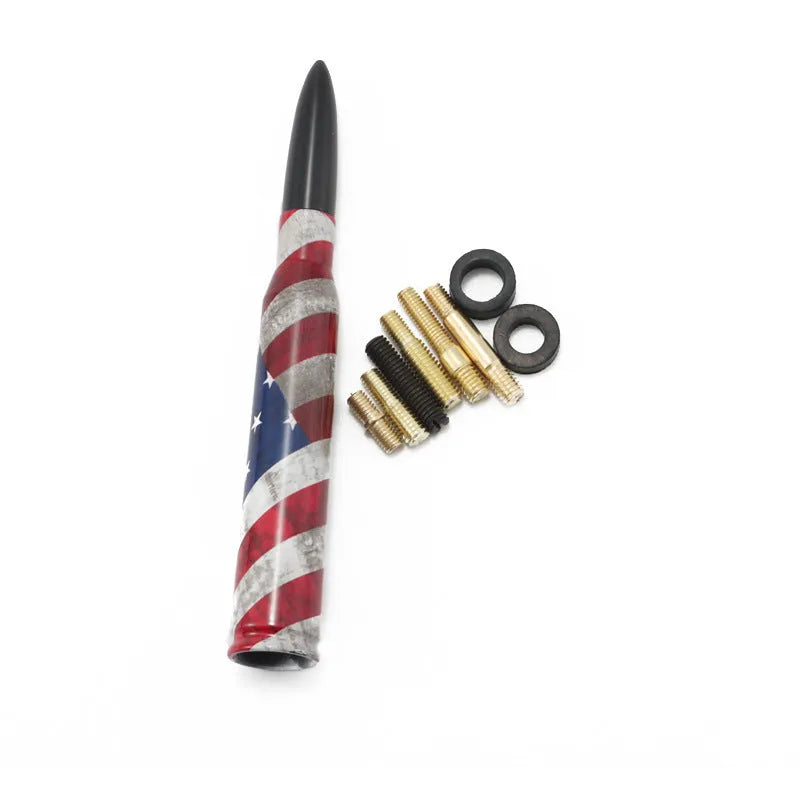 Universal 14cm car bullet antenna shown in black, camouflage green, and American flag designs.