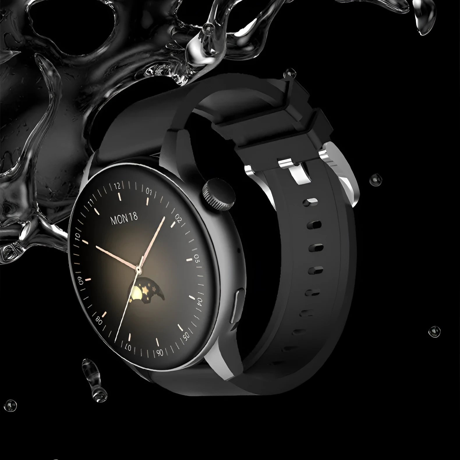 Stainless steel smart watch with a colour touchscreen displayed in black, pink, and silver colours.