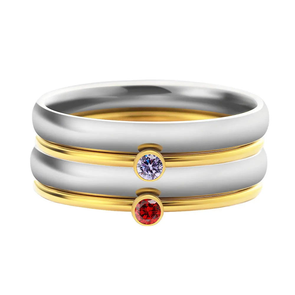 December birthstone titanium steel ring with geometry design and electroplated gold finish showing engraved details