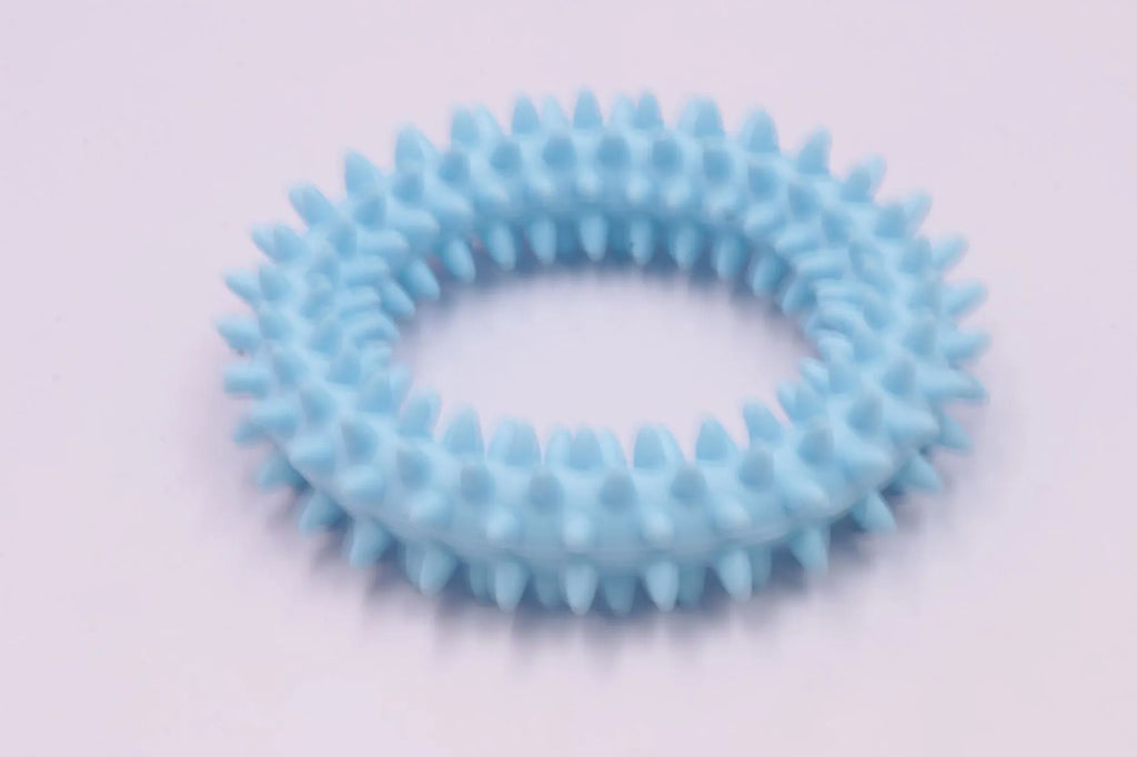 9.5cm TPR spiky circle ring dog chew toy in blue with dental cleaning nubs
