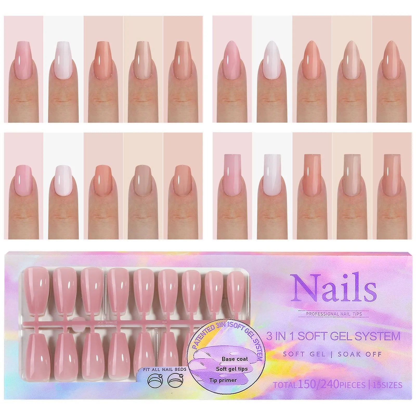 Removable nude nail stickers with seamless armour design displayed in various colour options