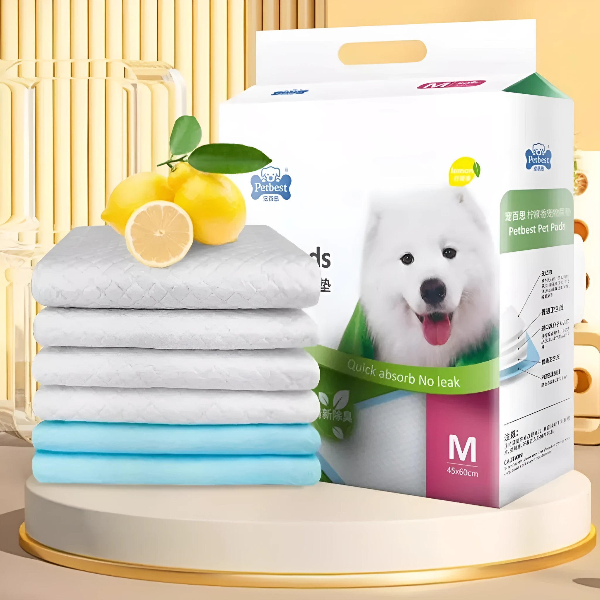 Pack of thickened disposable dog urine training pads showing adhesive backing and size options.