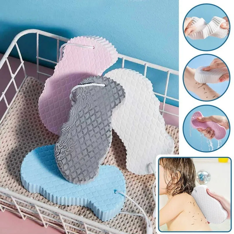 3D body rubbing sponge with fish scale pattern in white, grey, pink, or light blue, showing super-soft texture for gentle exfoliation