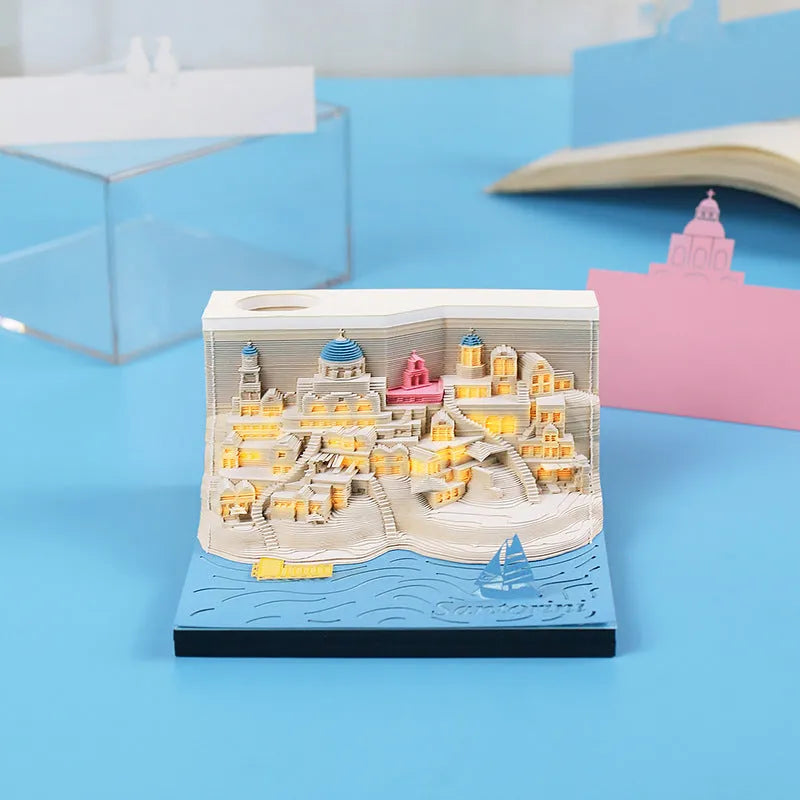 Santorini 3D paper carving building model notepad with LED lighting decoration showing beach scene construction