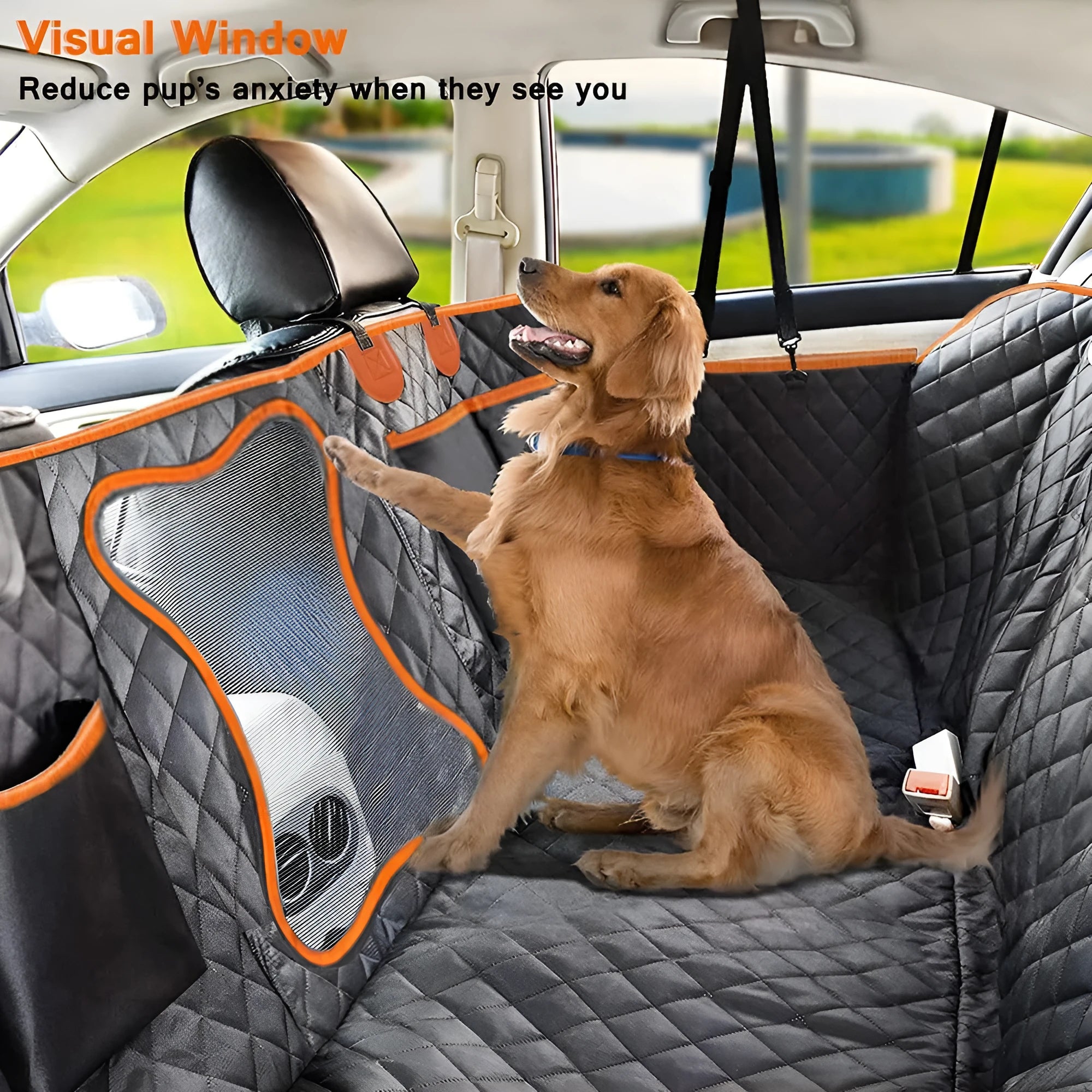 Black and orange waterproof pet car seat cover made from 600D Oxford cloth, shown on rear car seats.