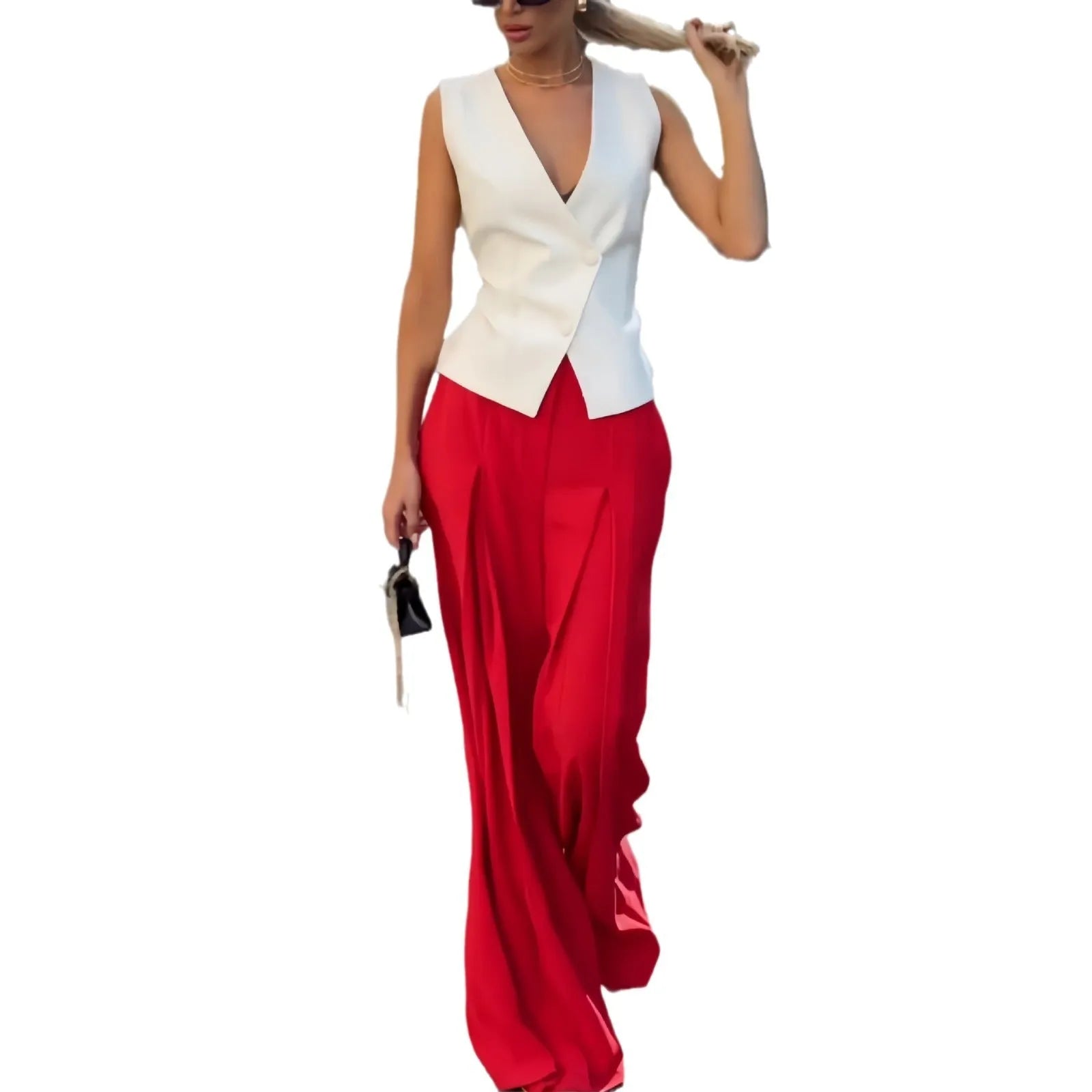Beige women's sleeveless deep V-neck top and high-waist wide-leg trousers two-piece set on a hanger.
