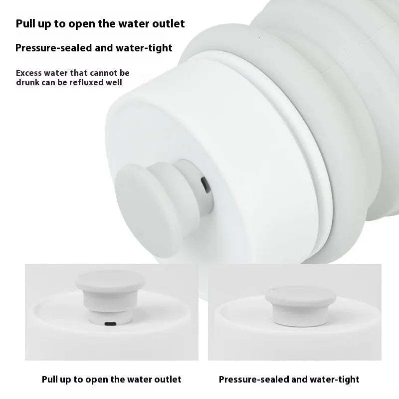 Silicone folding pet water cup shown in long and short specifications, collapsed and open.