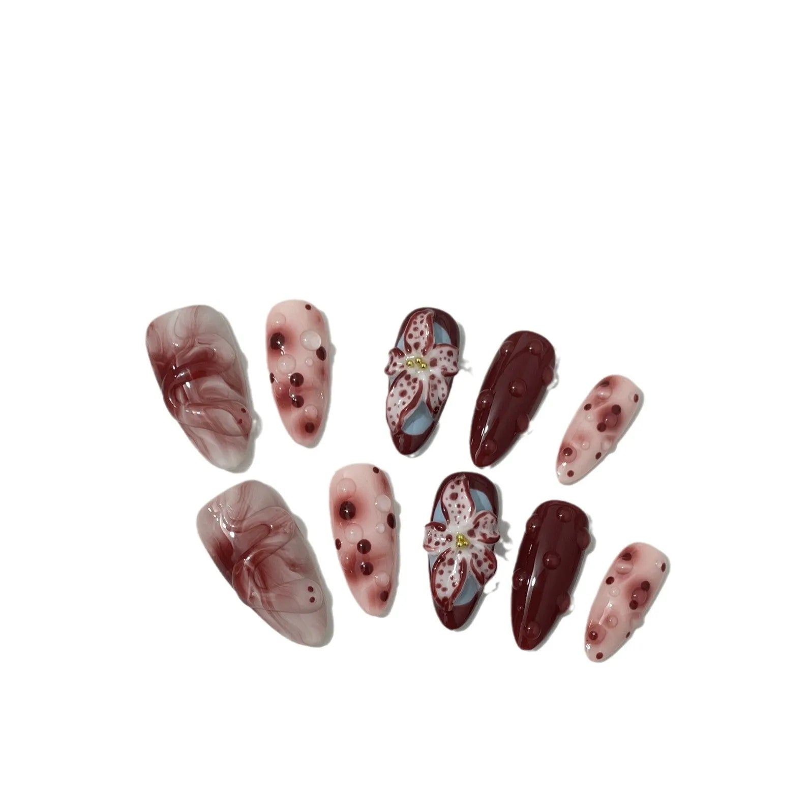 Hand-painted three-dimensional carved almond nail set with rose, tulip, shell patterns in sizes XS, S, M, L