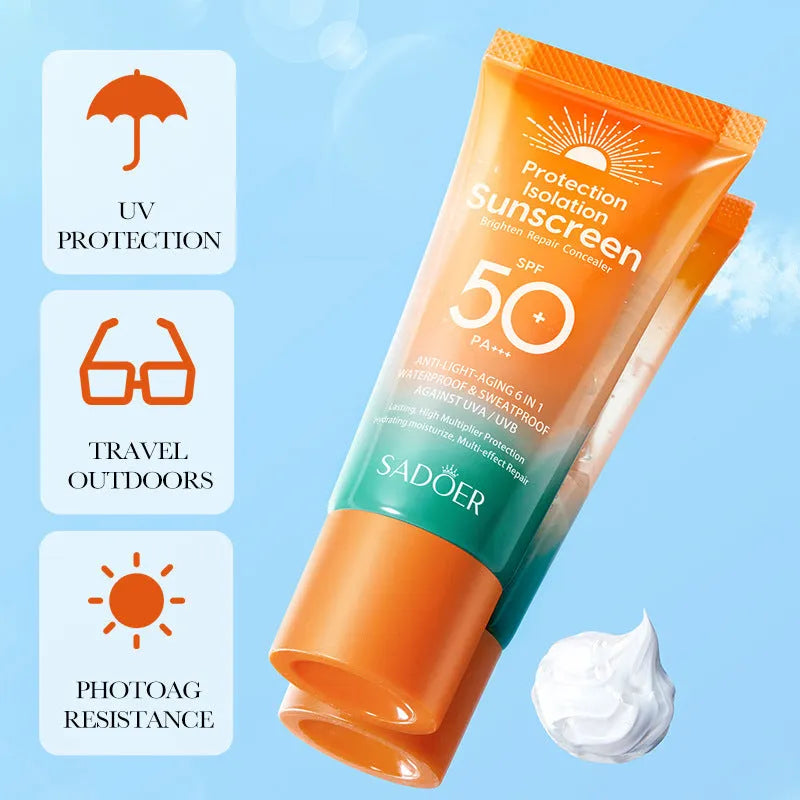 Double tube sunscreen packaging showing 50g net content with repair isolation properties