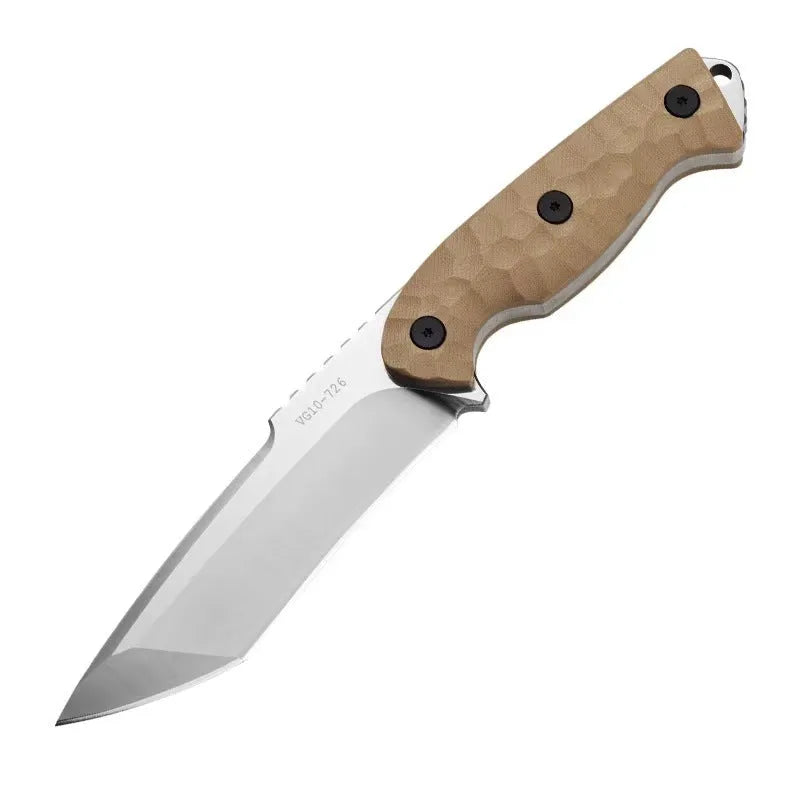 Beige-handled outdoor survival knife showing 260mm length and 130mm blade.