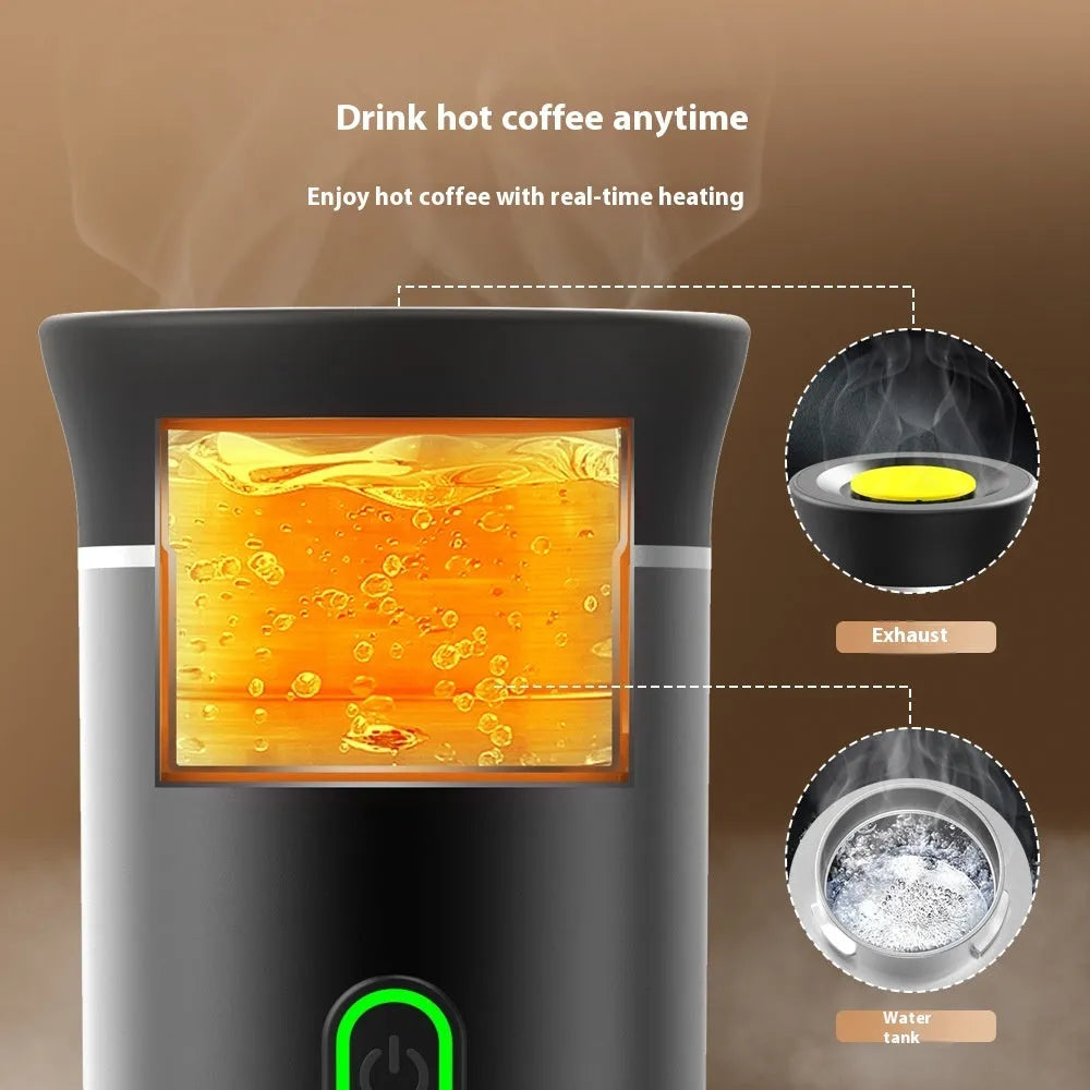 White portable 3-in-1 espresso coffee maker machine with USB cable on a wooden table
