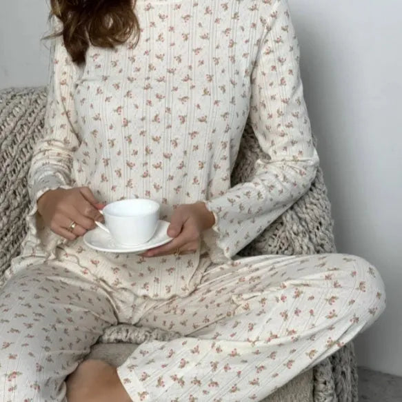 Women's white floral print bell sleeve top and wide leg trousers set for casual and home wear