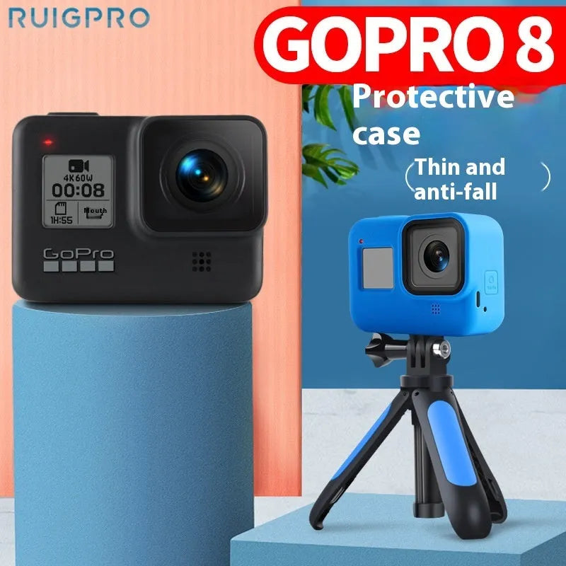Blue silicone protective sleeve and wrist strap for GoPro Hero8 Black camera with app bag.