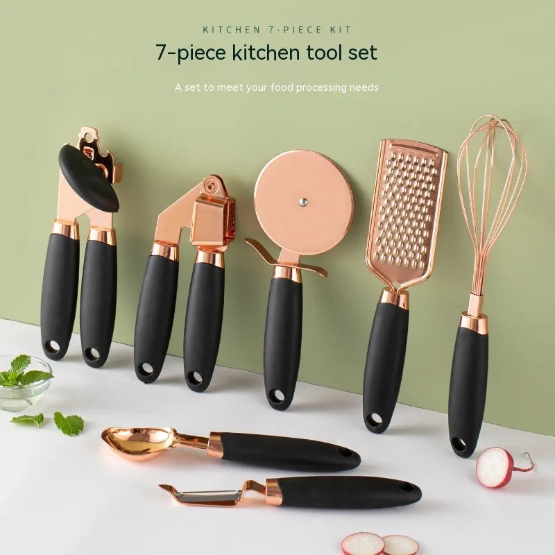 Seven-piece stainless steel kitchen utensil set in rose gold, mint green, pink, white, black, grey, or blue colour options
