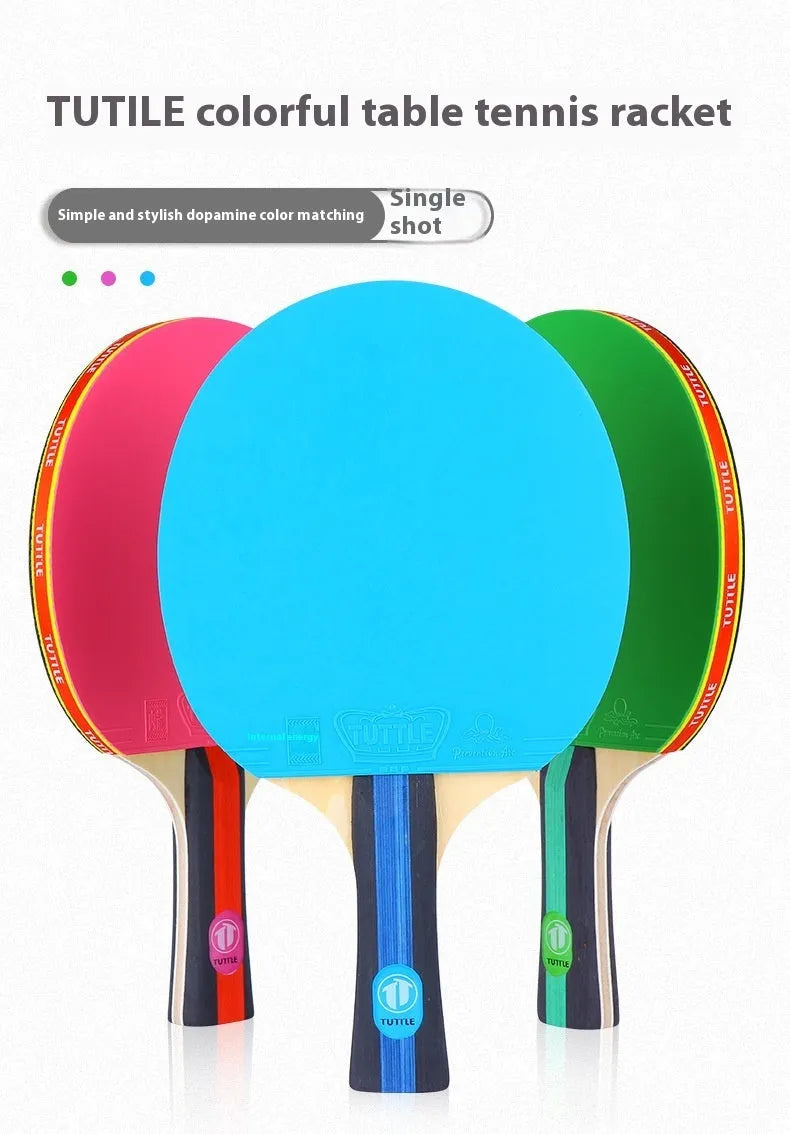 Single table tennis racket with high-elasticity rubber and long shakehand grip next to its matching protective carry bag.