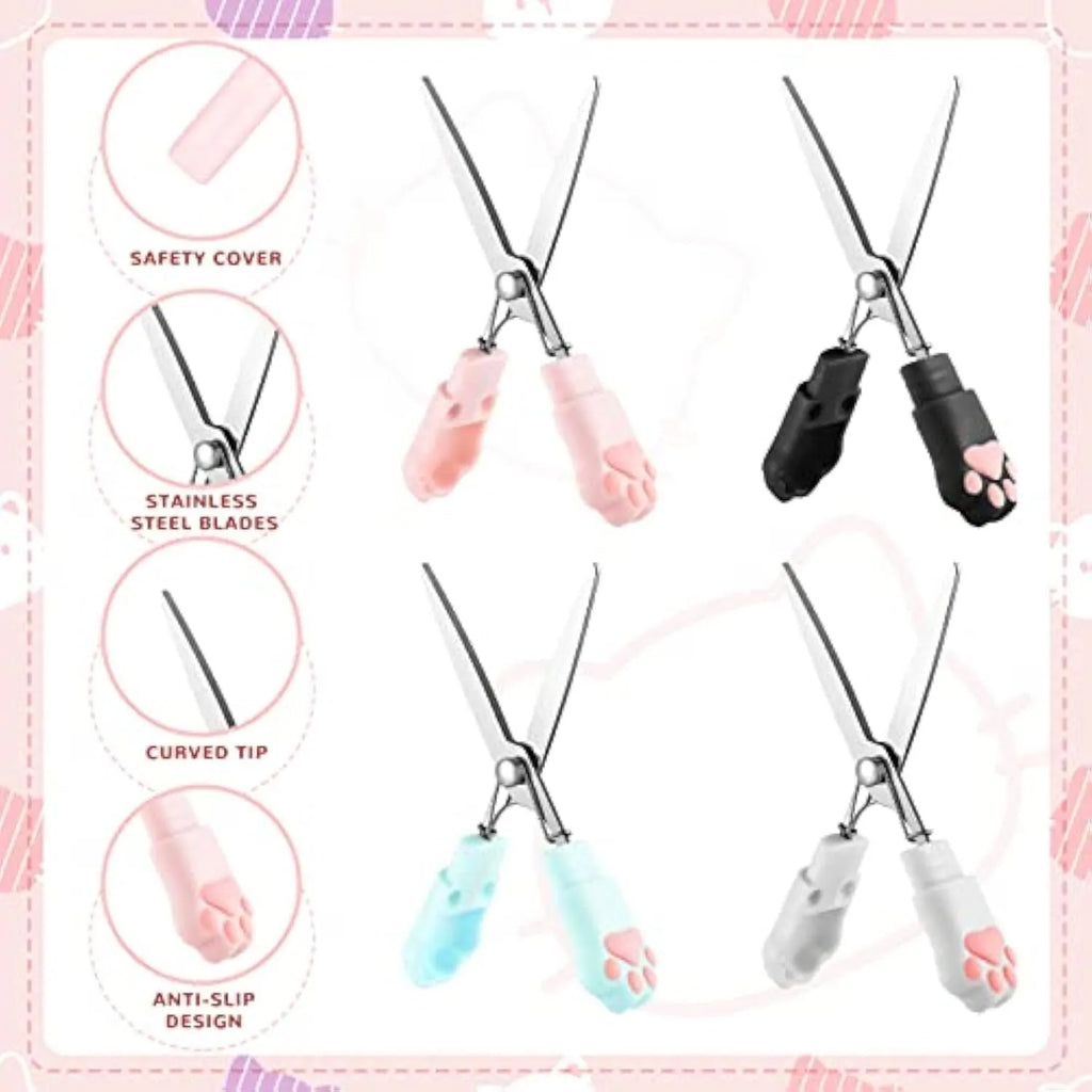 Cat paw mini folding scissors in four colours showing stainless steel blades and compact 8.7cm size