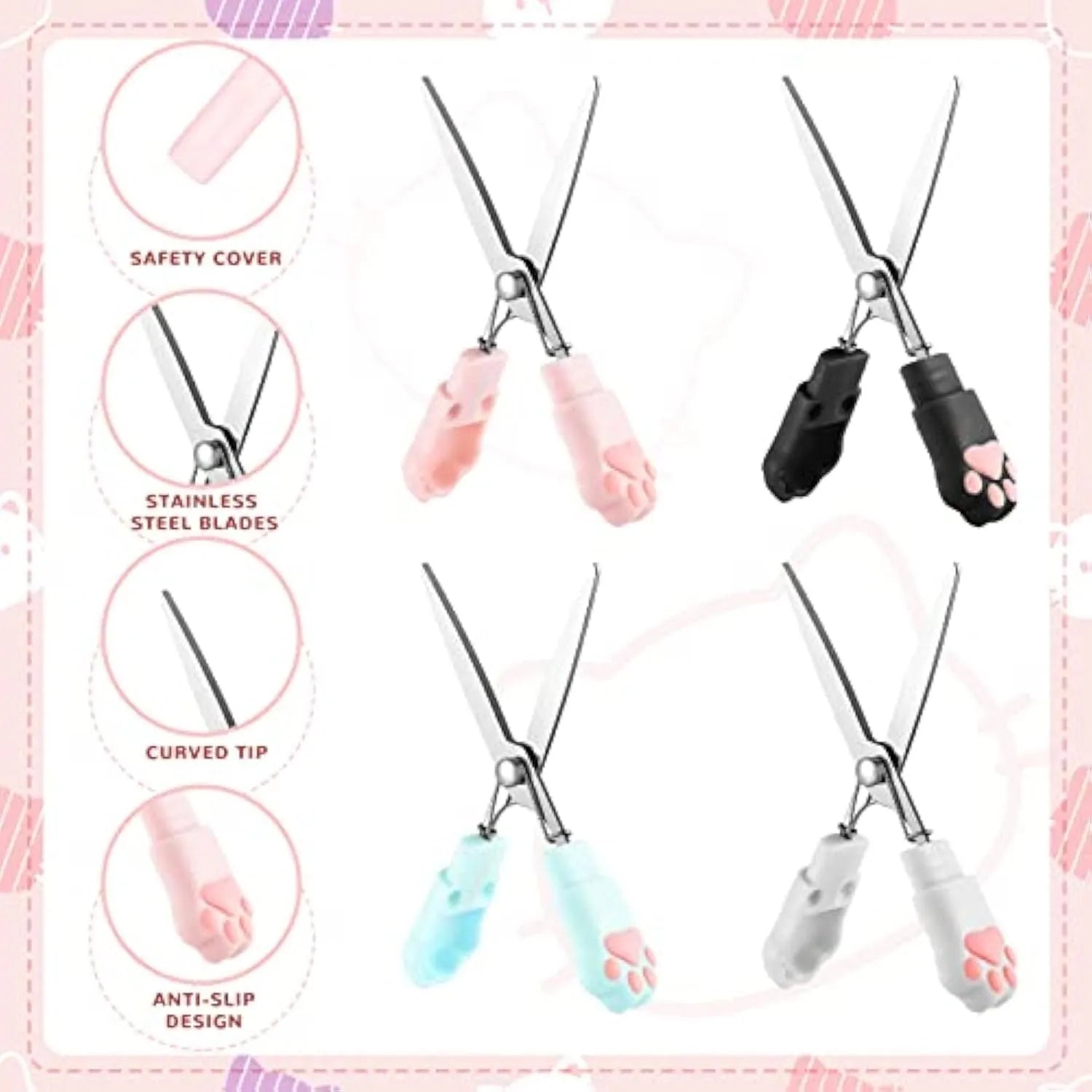 Cat paw mini folding scissors in four colours showing stainless steel blades and compact 8.7cm size