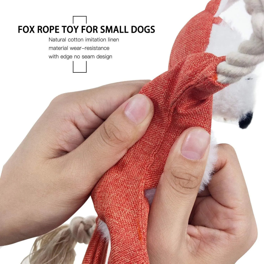 Brown fox dog toy with embroidered eyes, cotton rope arms and legs, and stuffless plush body