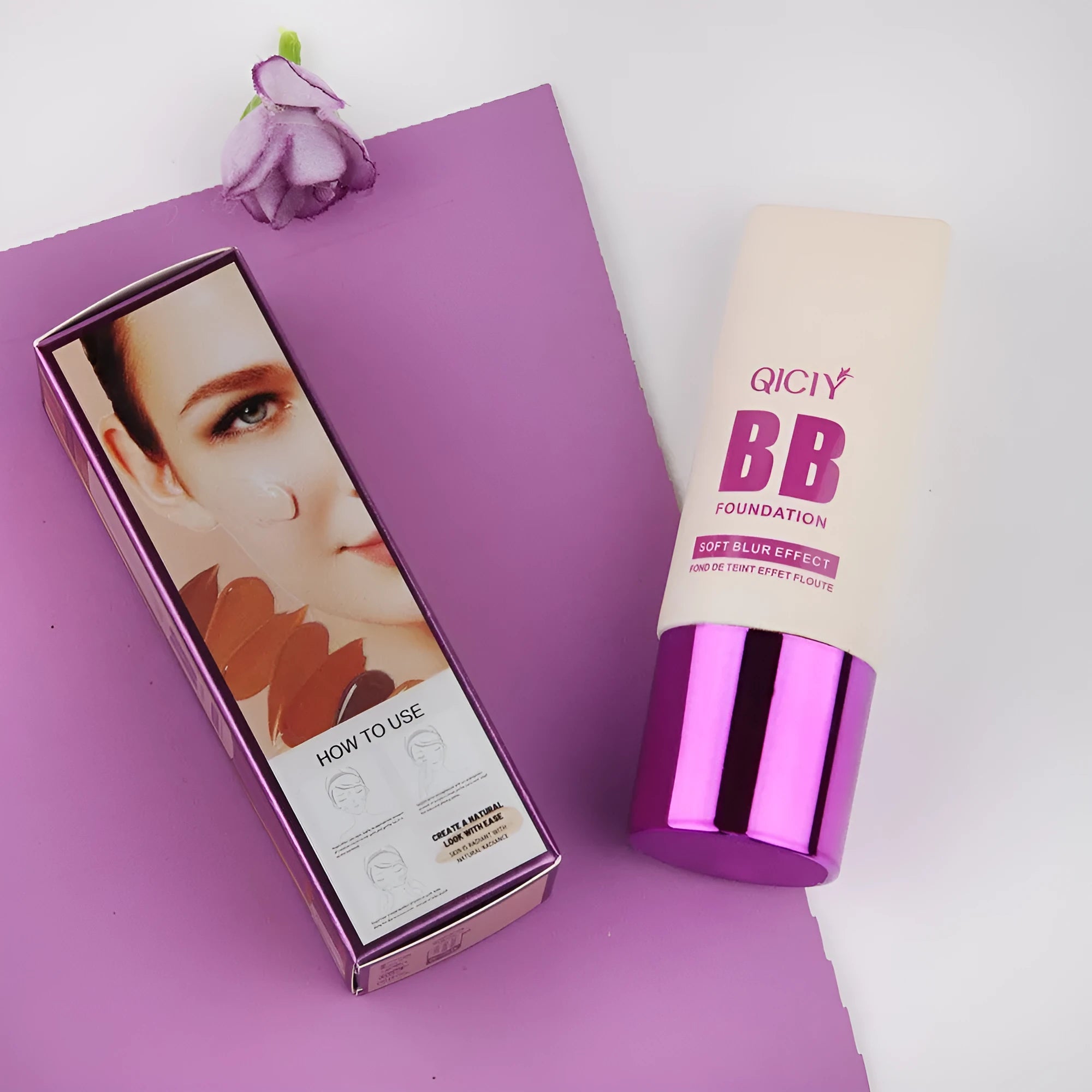 Bottle of BB cream liquid foundation concealer in one of ten available shades, labelled with brightening and repair properties.