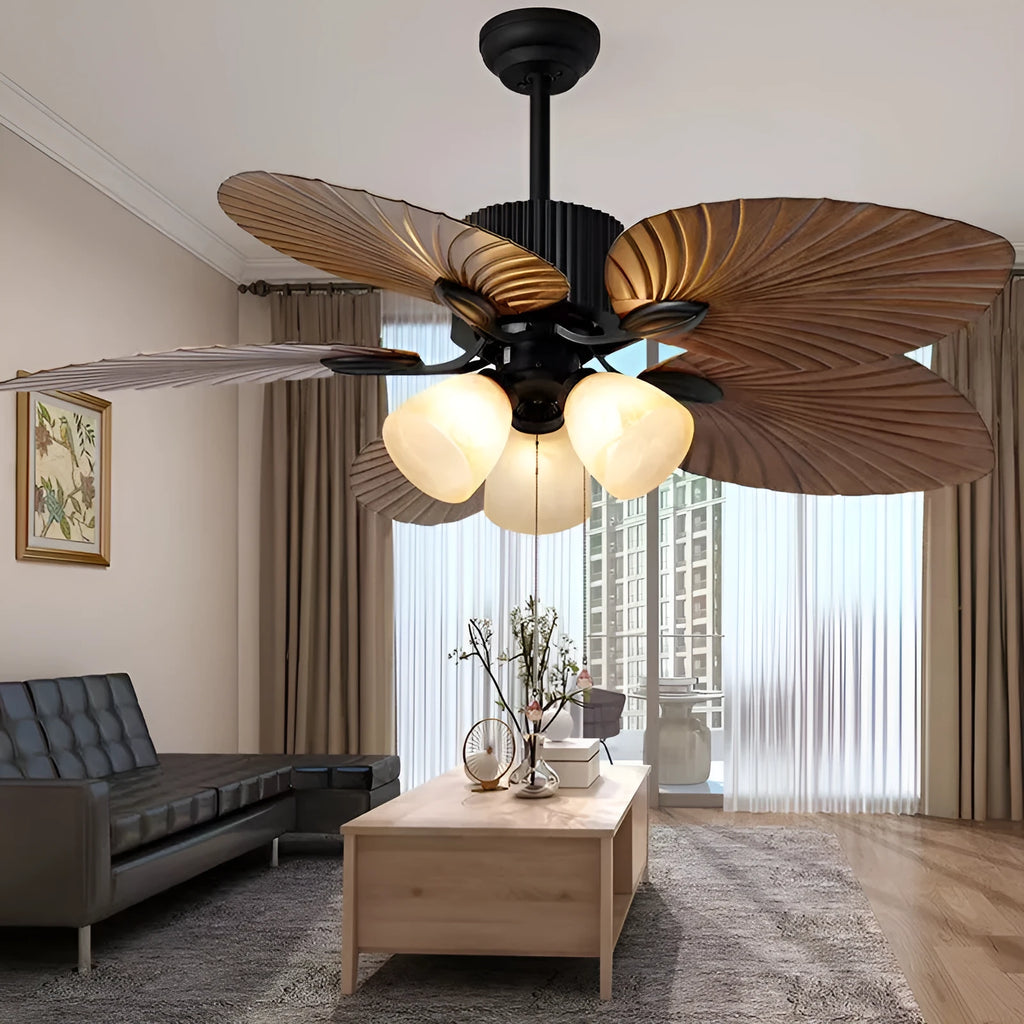 Retro-style ceiling fan light with wooden blades and three copper lampshades, mounted on a white ceiling.