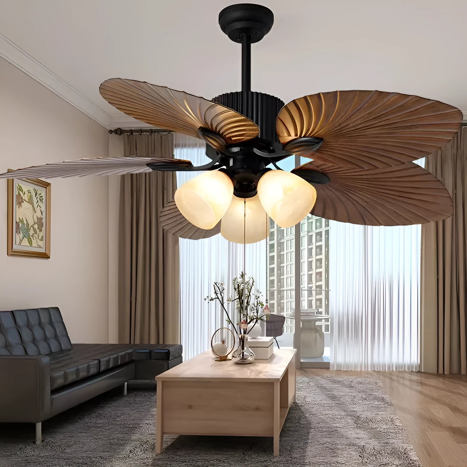 Retro-style ceiling fan light with wooden blades and three copper lampshades, mounted on a white ceiling.