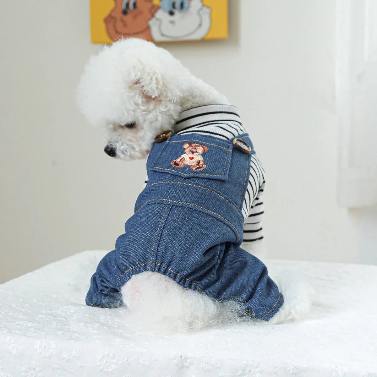 Cute bear dog overalls in polyester, XS to XL, chest 30-54cm and back length 20-40cm.