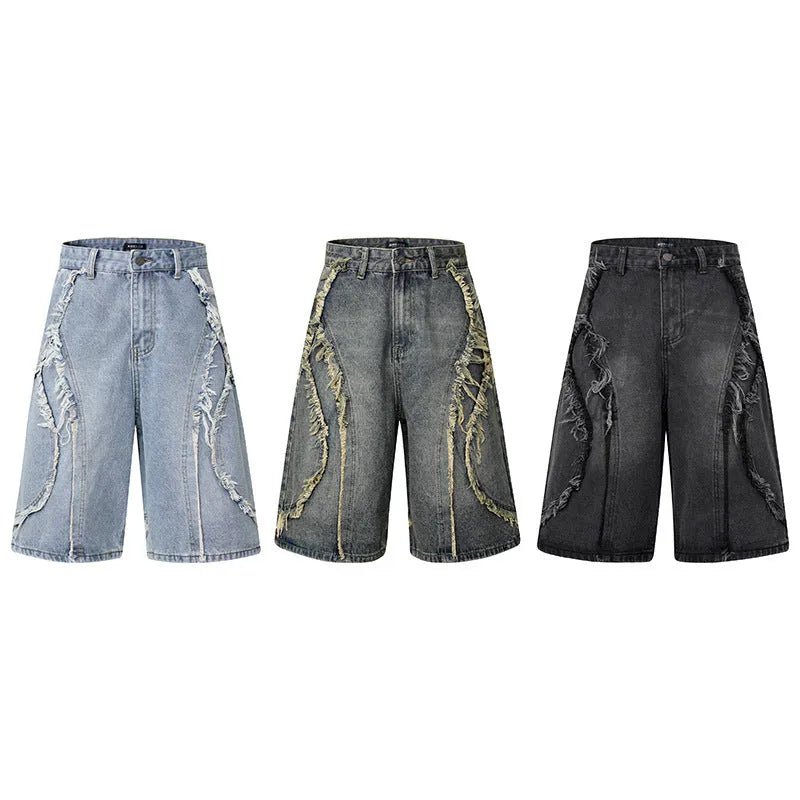 American Pu Shuai distressed denim shorts with raw-edge hems in straight-leg cropped style