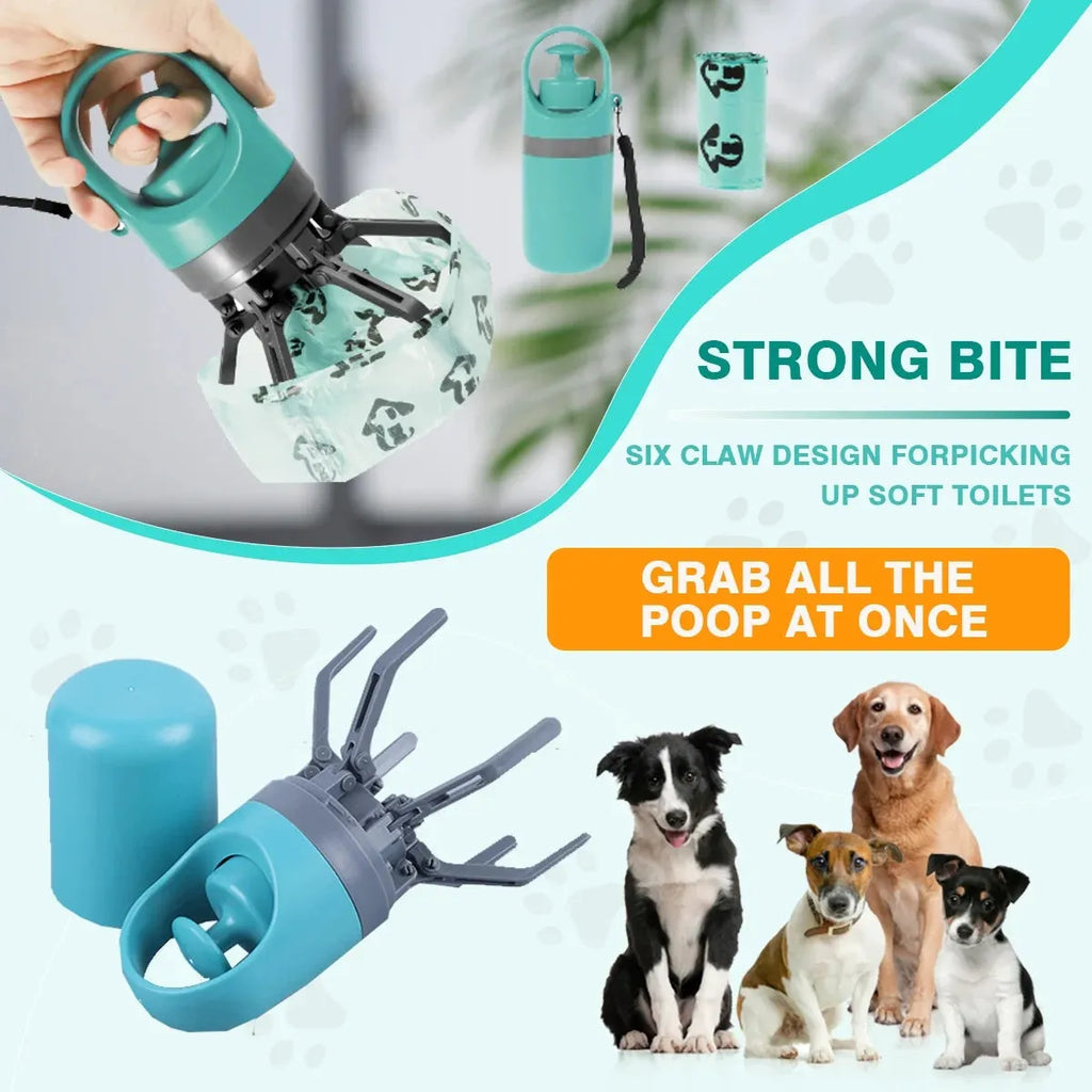 Blue and orange portable pet waste scooper with claw mechanism and built-in bag dispenser