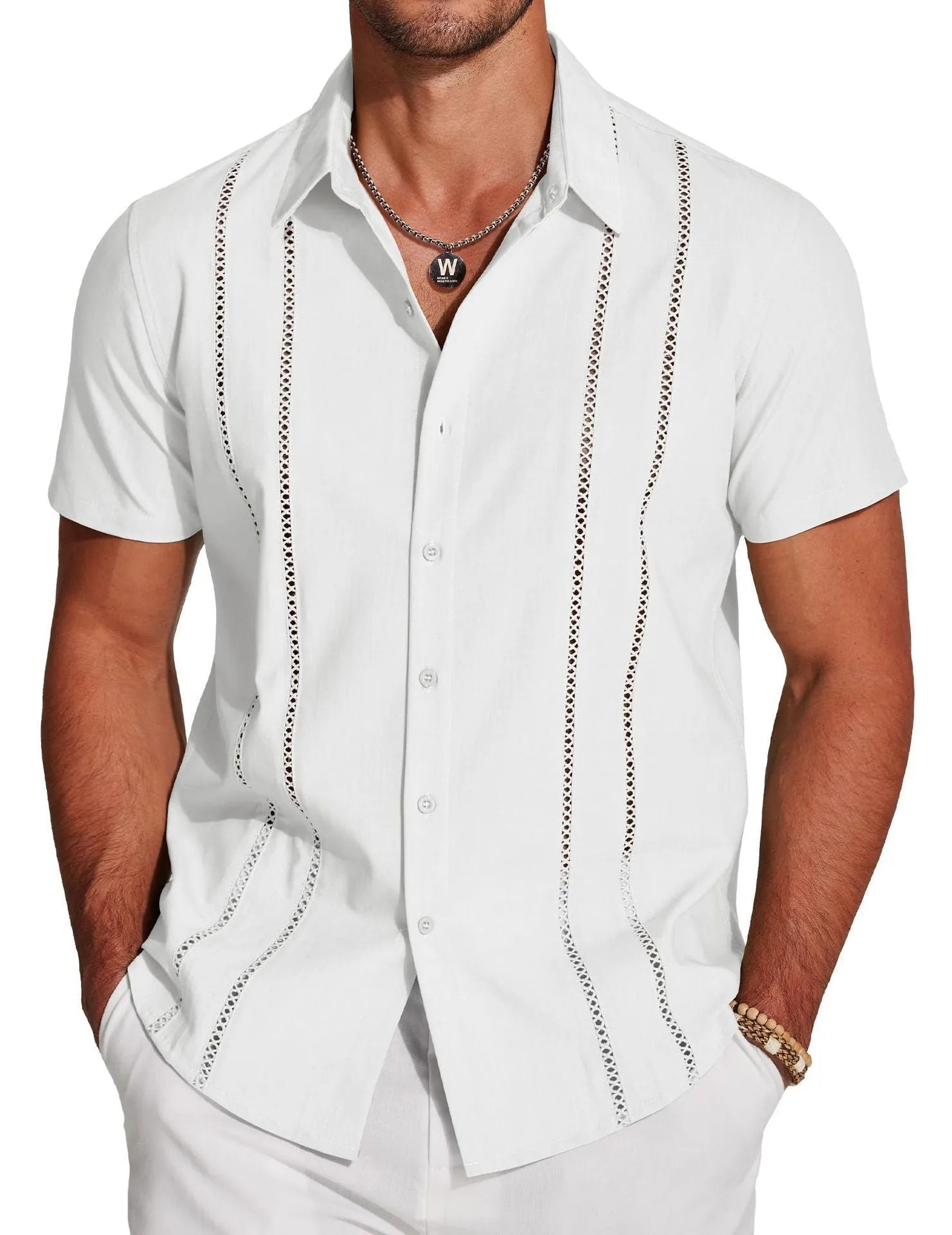 Men's slim fit short sleeve Hawaiian print cardigan shirt in elastic polyester fabric.