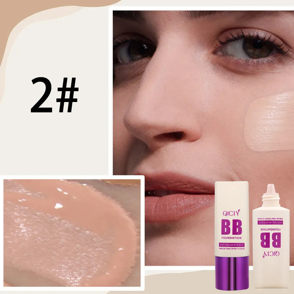 Bottle of BB cream liquid foundation concealer in one of ten available shades, labelled with brightening and repair properties.
