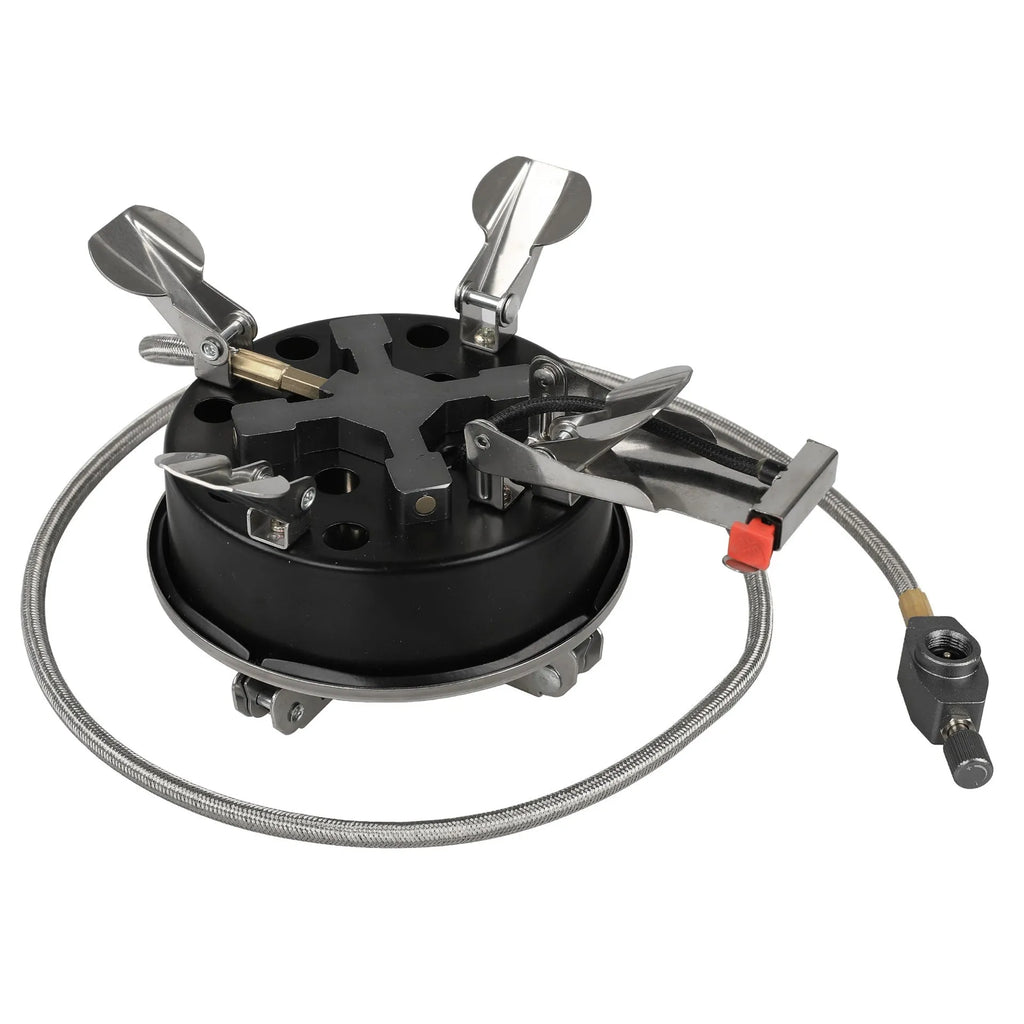Silver foldable stainless steel split stove with 100cm hose, packed size 155x125mm