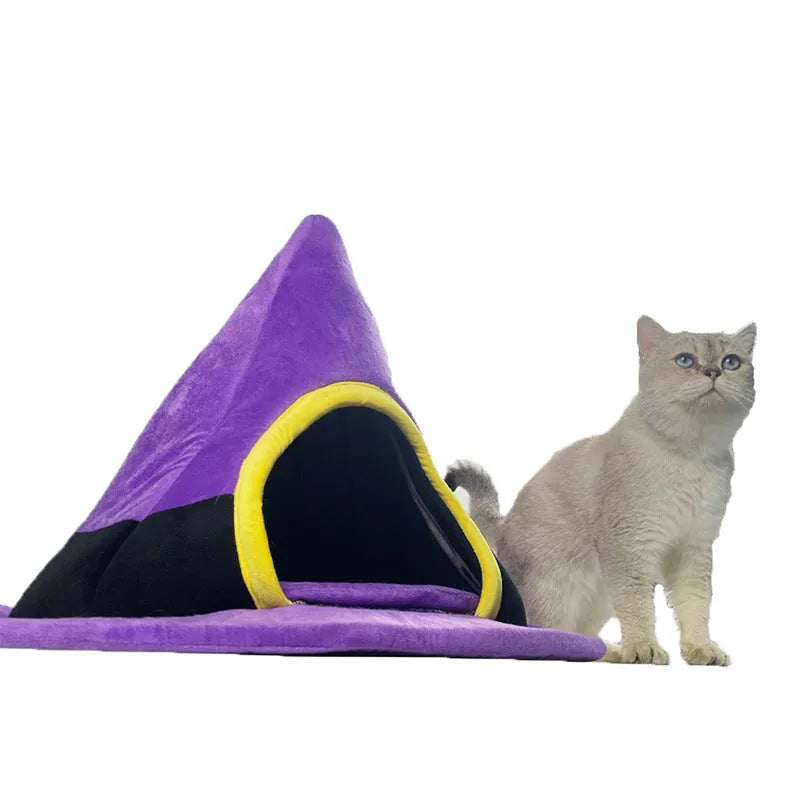 Purple Halloween witch hat shaped cat nest measuring 60x45cm with cloth construction