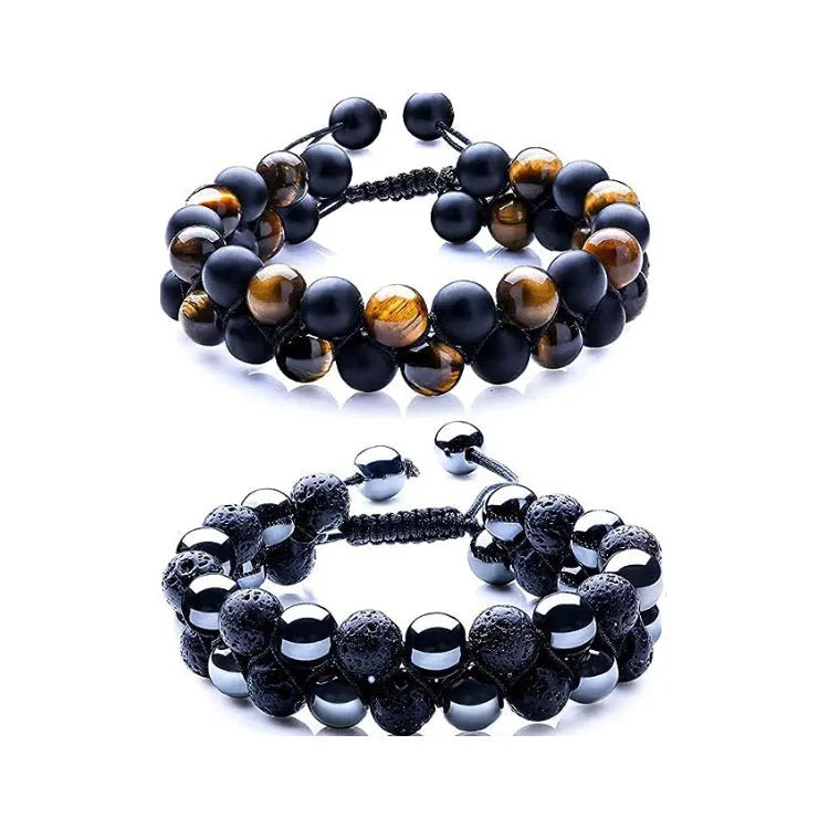 Men's handcrafted Tiger Eye double-row woven bracelet with geometric beads and magnetic closure