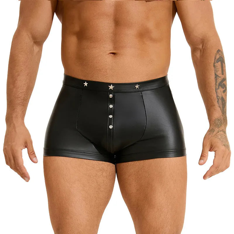 Black PU leather men's boxer shorts with U pouch design on a size chart background