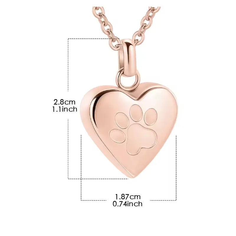Simple Love paw print heart pendant necklace in titanium steel with openable casket, shown in silver finish on adjustable chain
