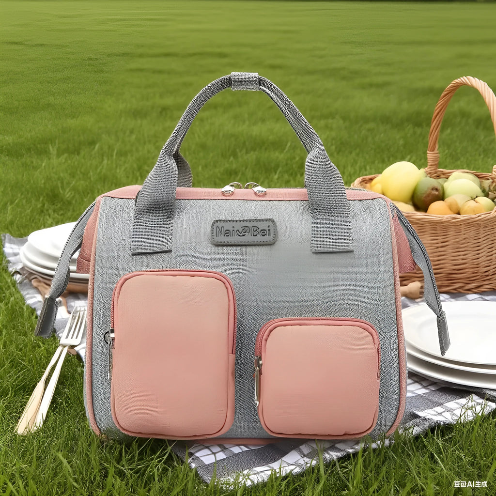 Pink grey waterproof Oxford cloth women's crossbody handbag showing external pocket and large main compartment.