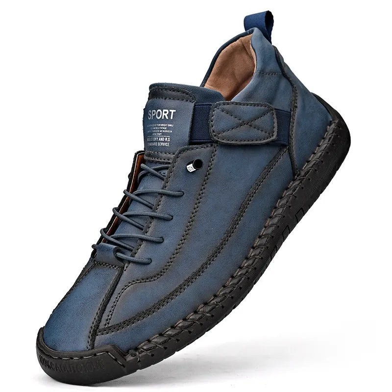 Men's mid-top Martin boots with elastic band closure in khaki colour, showing round toe and mid-calf design