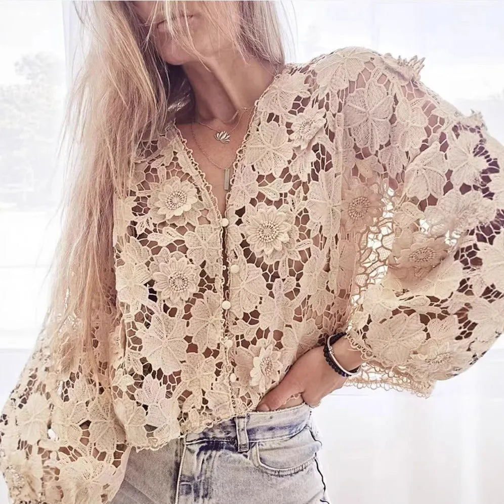 Black polyester lace cardigan with three-dimensional floral decoration and V-neck design on hanger