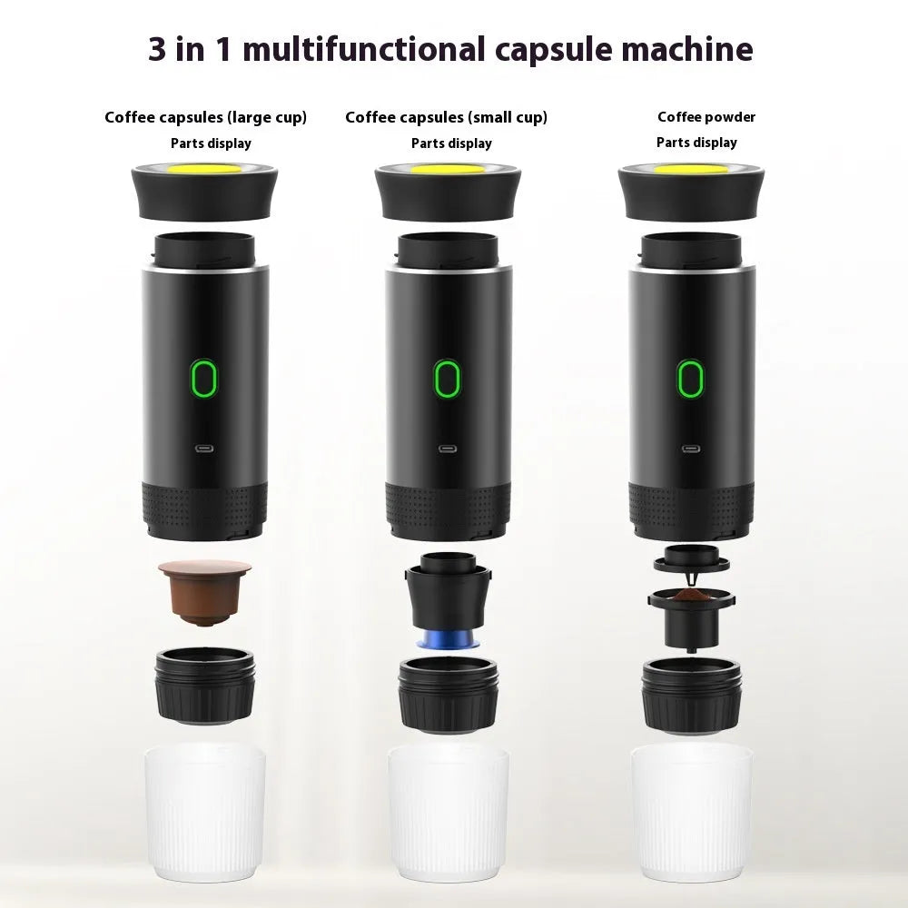 White portable 3-in-1 espresso coffee maker machine with USB cable on a wooden table