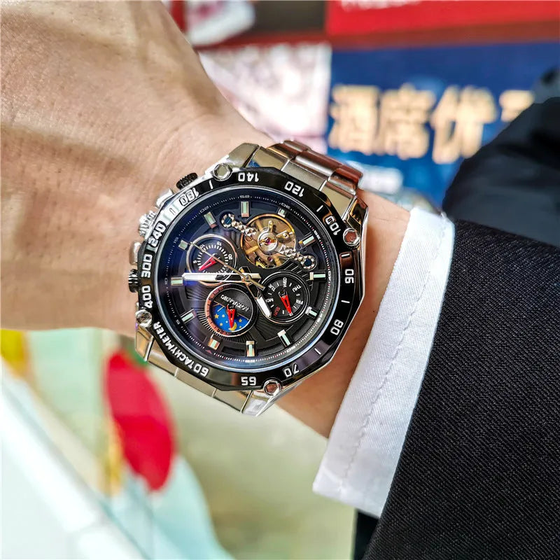 Men's automatic mechanical watch with metal case in various colour options showing 12mm thickness profile