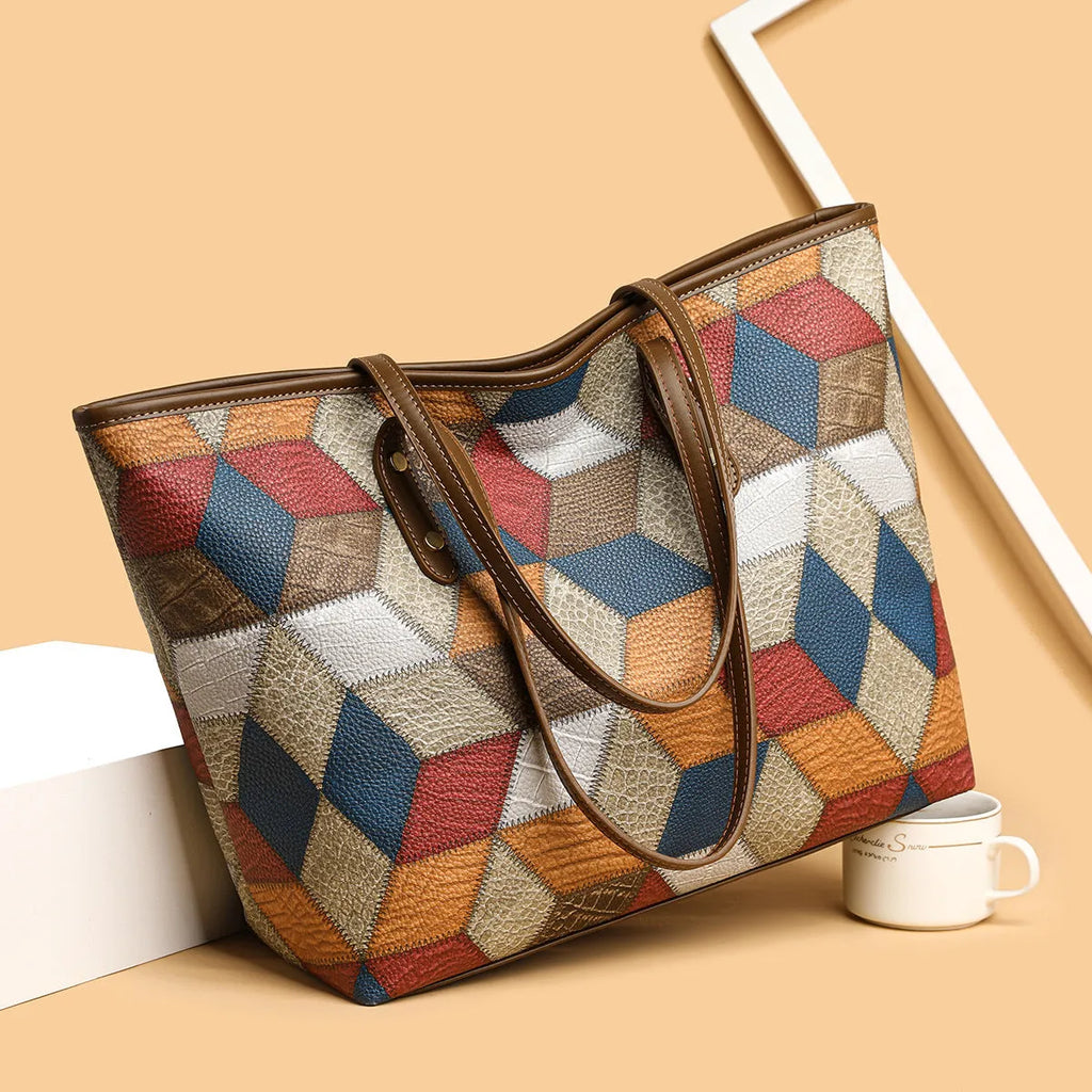 Women's blue brown PVC handbag with sandwich pocket design for business and travel