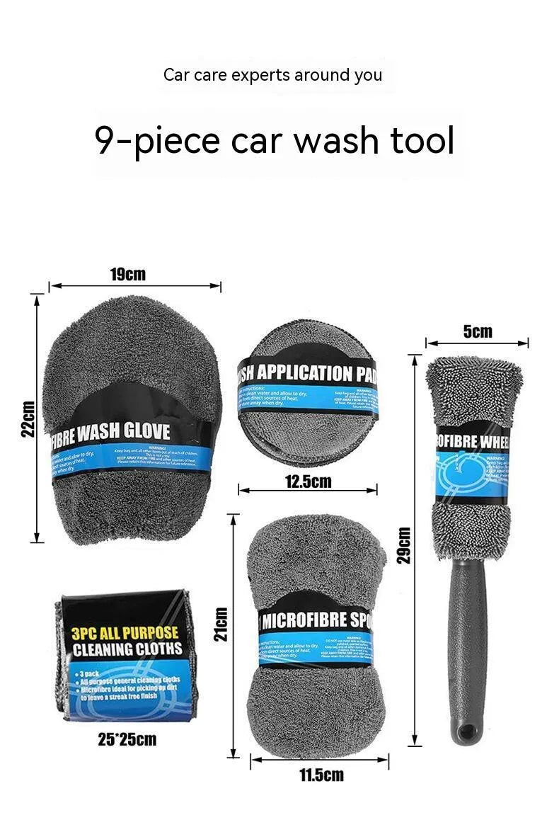 Nine-piece grey microfiber car wash set with gloves, sponge, brush, towels, and waxing wipes