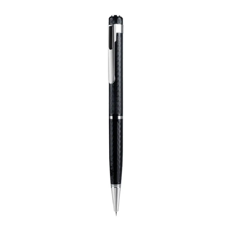 Black pen-shaped digital voice recorder with zinc alloy body and high storage capacity.