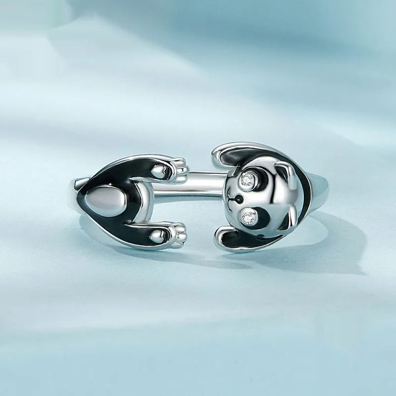 Adjustable sterling silver panda open ring with white gold plating showing 2.5cm diameter and detailed animal motif